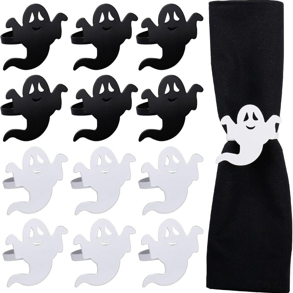 Ghost Napkin Rings Set of 12, White and Black Ghost Napkin Buckle for Halloween